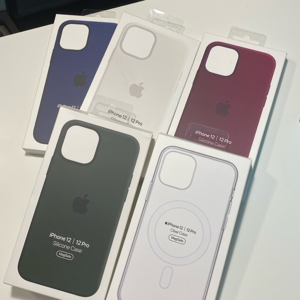 Apple, iPhone 12/12 pro LOT of silicone cases. navy, clear, white,plum, green.